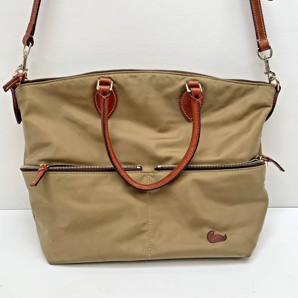 Dooney & Bourke Nylon Tan Large Pocket Satchel with Leather Trim, Handles